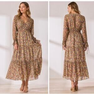 Mable Semi Sheer Tiered Maxi Dress Button Front Floral Tie Sleeve Medium